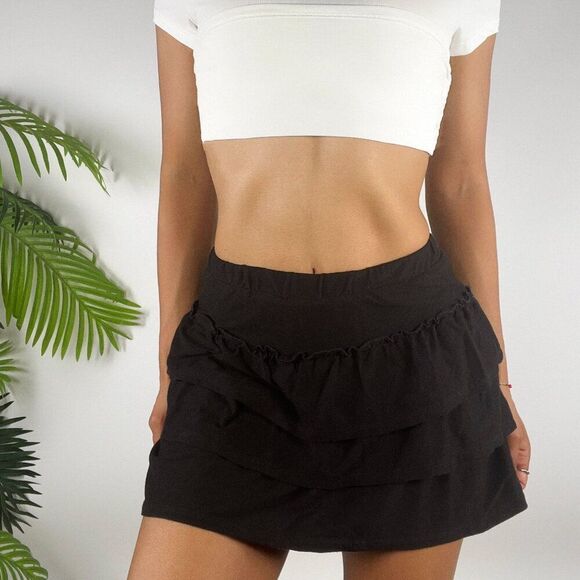 Vintage Y2K Black High Waisted Preppy Casual Ruffle Mini Skirt Skort / 10 Girls - Picture 1 of 6